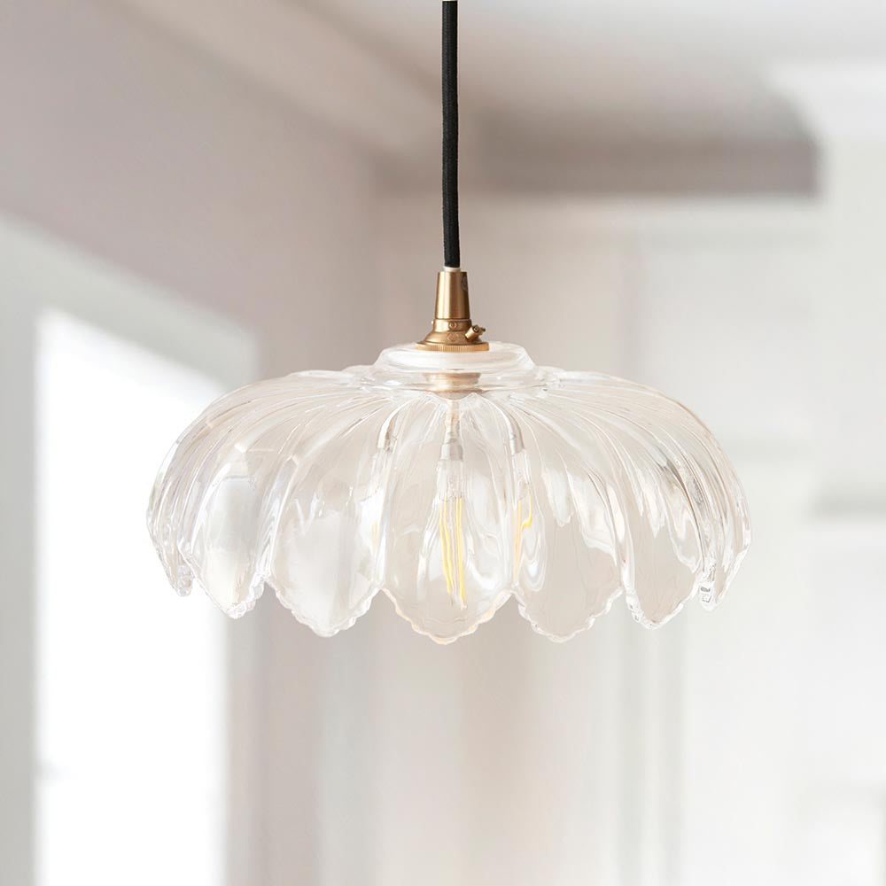 Eltham & Camellia Pendant Clear glass, brushed aged brass plate & black braided flex