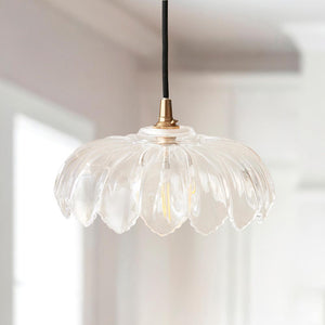Eltham & Camellia Pendant Clear glass, brushed aged brass plate & black braided flex