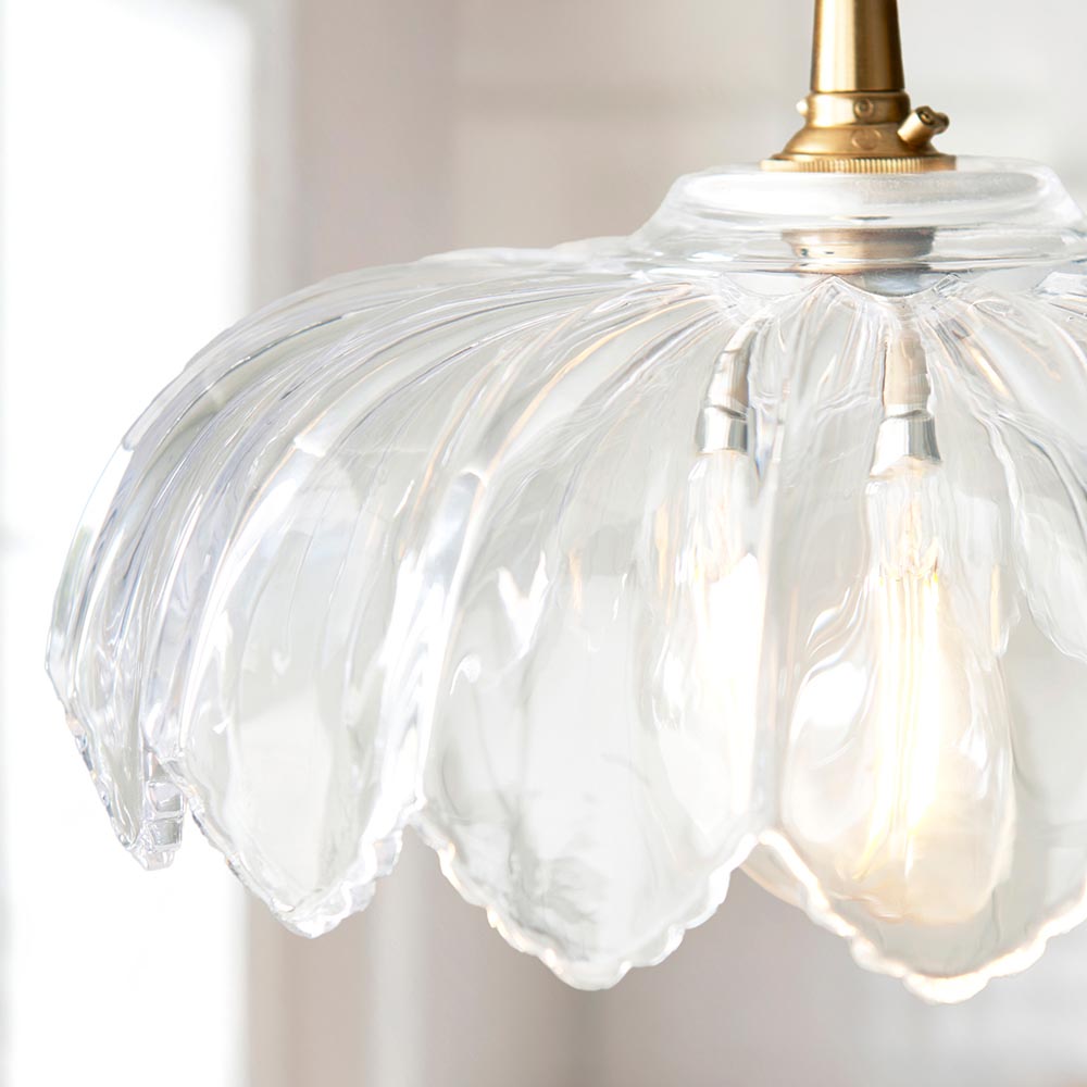 Eltham & Camellia Pendant Clear glass, brushed aged brass plate & black braided flex