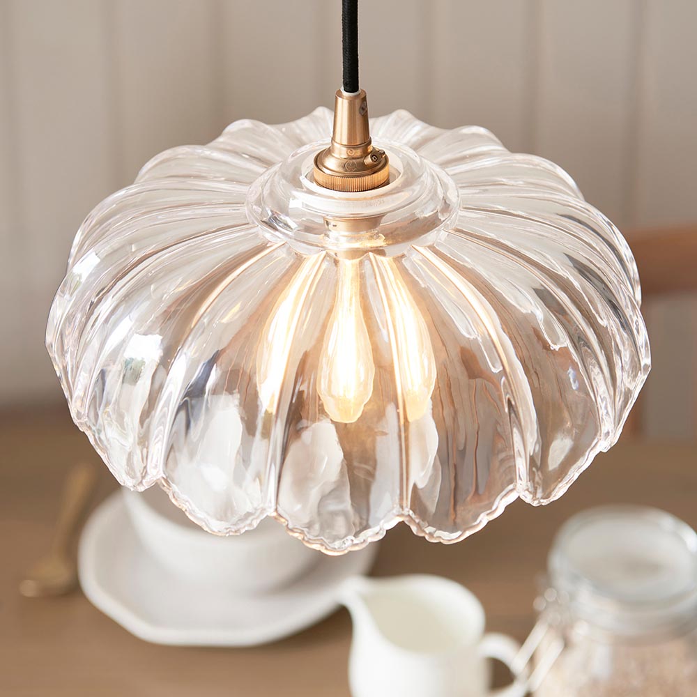Eltham & Camellia Pendant Clear glass, brushed aged brass plate & black braided flex