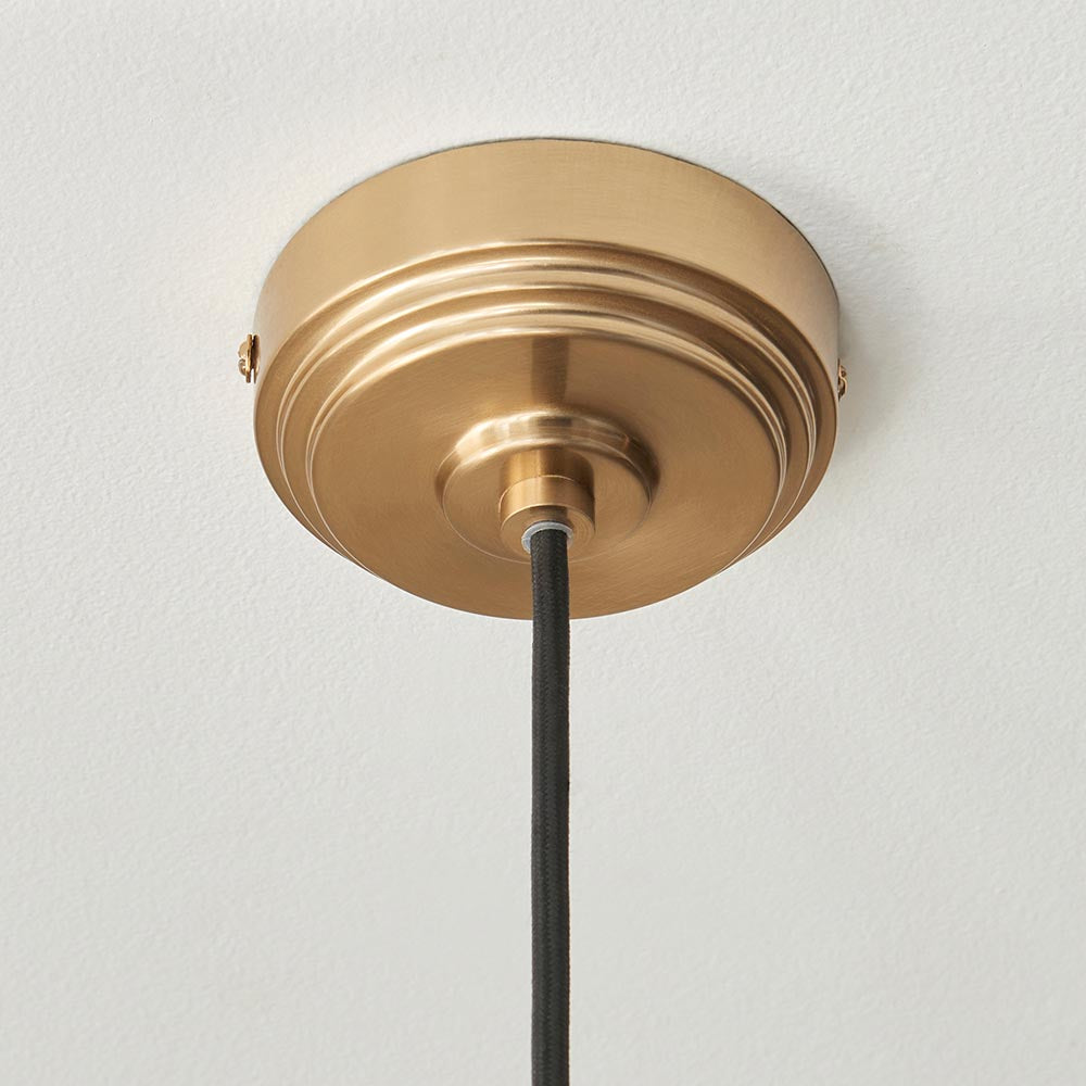 Eltham & Camellia Pendant Clear glass, brushed aged brass plate & black braided flex