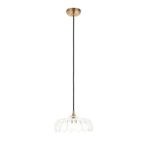 Eltham & Camellia Pendant Clear glass, brushed aged brass plate & black braided flex