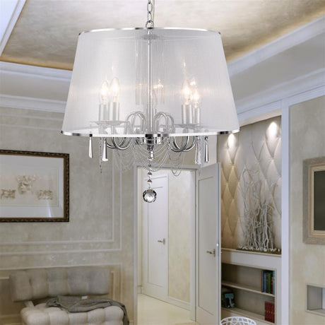 Venetian 5Lt Pendant - Chrome, Voile Shade & Crystal Glass - Comet Lighting