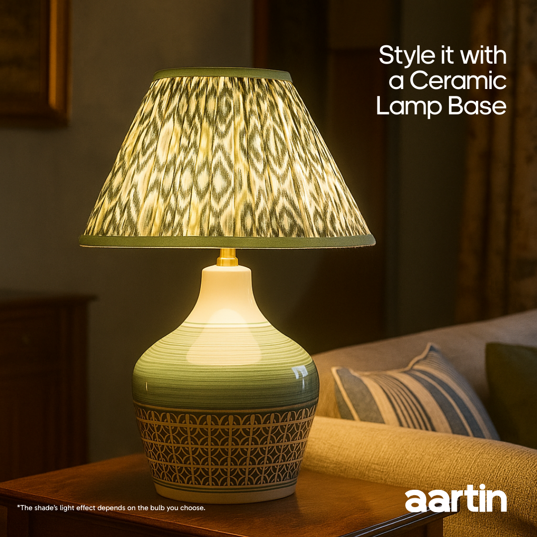 AARTIN 30 CM GREEN & WHITE IKAT EMPIRE GATHERED LAMPSHADE IN COTTON