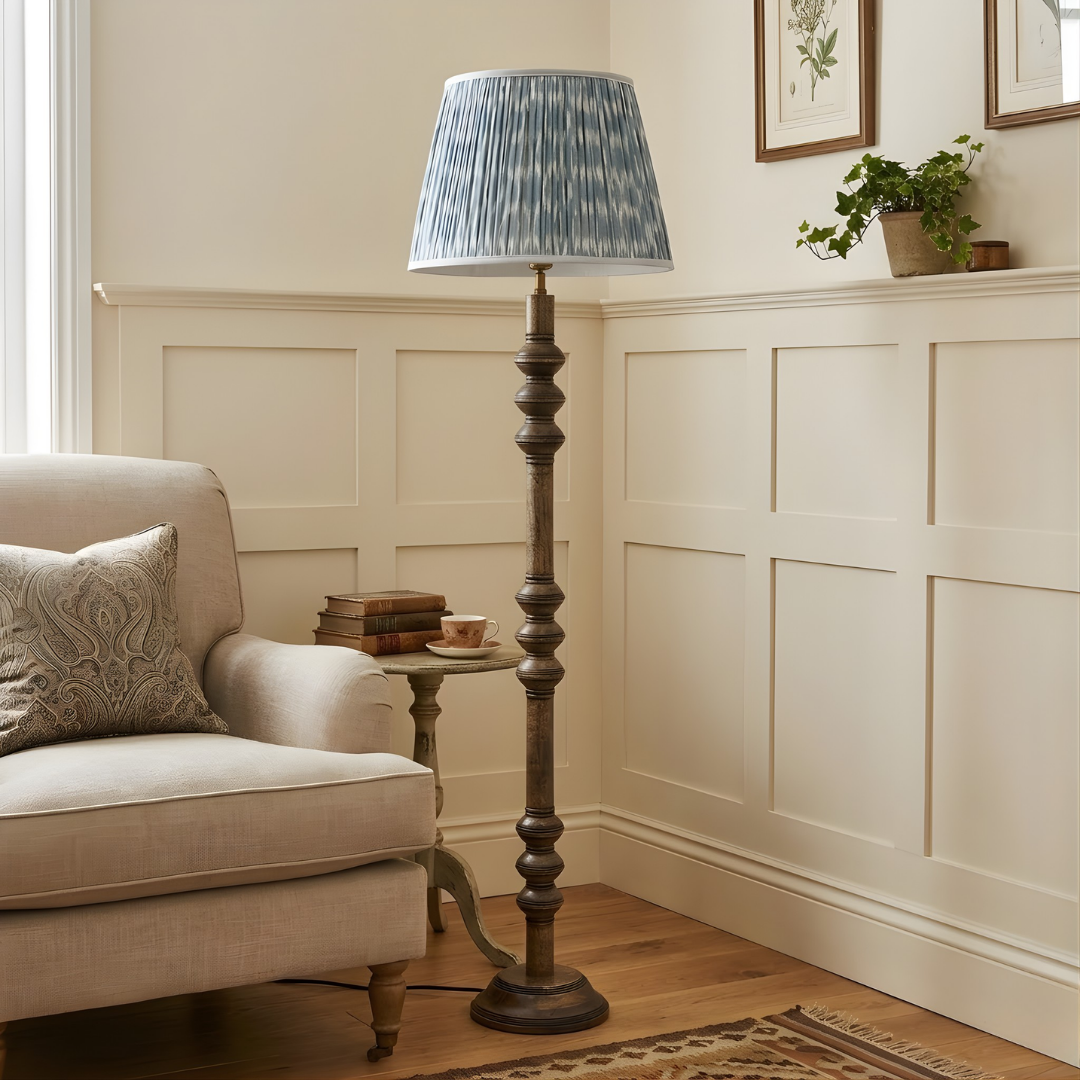 AARTIN Juno Wood Floor Lamp With Bluish Grey Ikat Lampshade