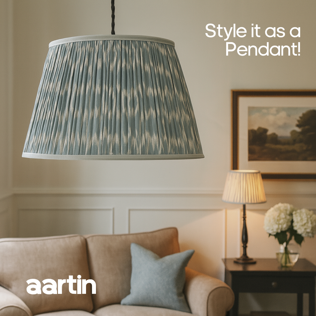 AARTIN 45 CM LIGHT BLUE IKAT STRAIGHT EMPIRE GATHERED LAMPSHADE IN COTTON