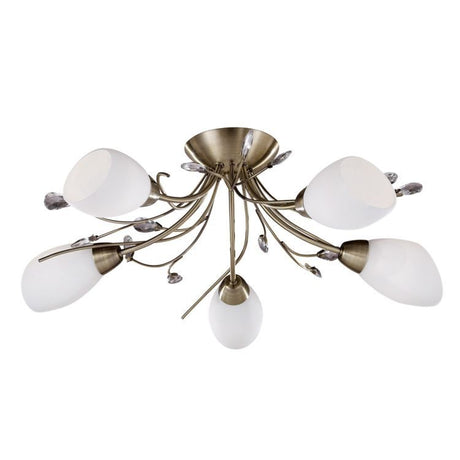 Searchlight Gardenia 5Lt Flush Ceiling Light - Antique Brass & Glass 
