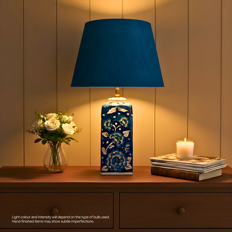 AARTIN Maple Ceramic Table Lamp & Blue Silk Lampshade