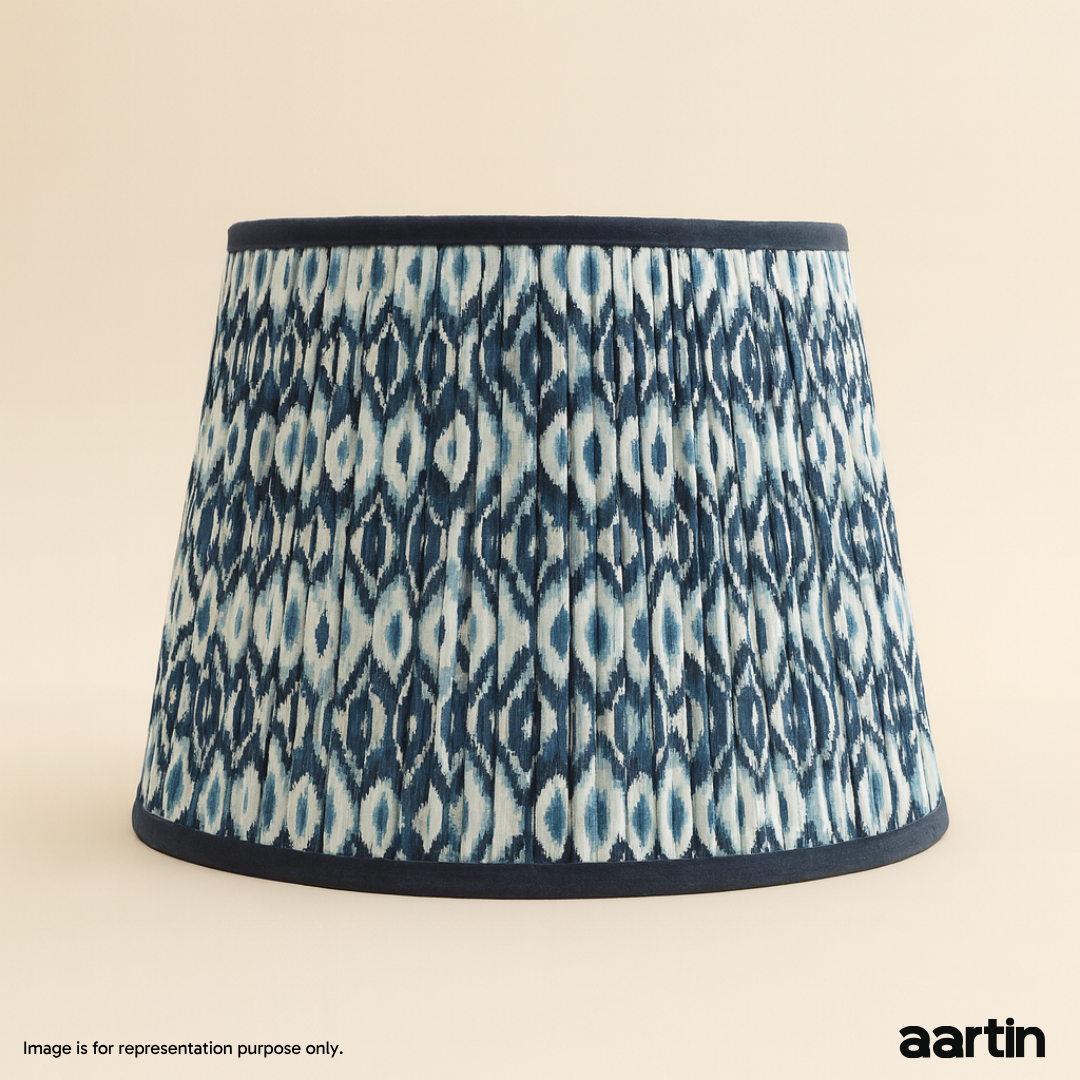 AARTIN 45 CM BLUE & WHITE IKAT STRAIGHT EMPIRE GATHERED LAMPSHADE IN COTTON