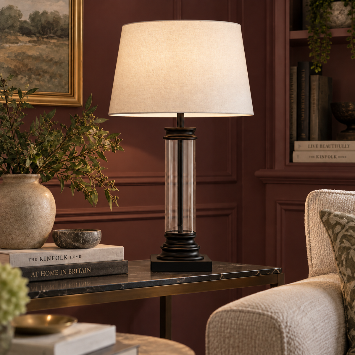 Pedestal Table Lamp - Black Metal| Glass & Fabric Neutral Shade