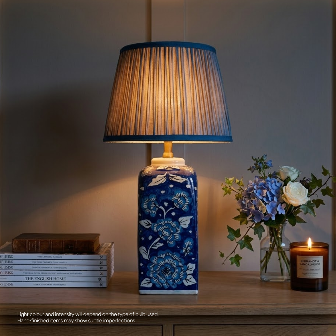 AARTIN Maple Ceramic Table Lamp With Blue Silk Gathered Lampshade