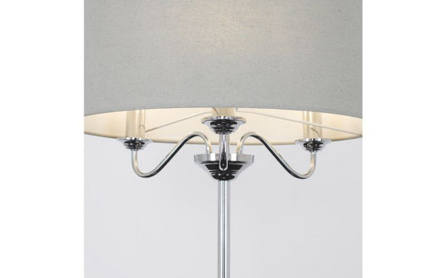 Rocha 3 Way Chrome Floor Lamp with Linen Grey Drum Shade