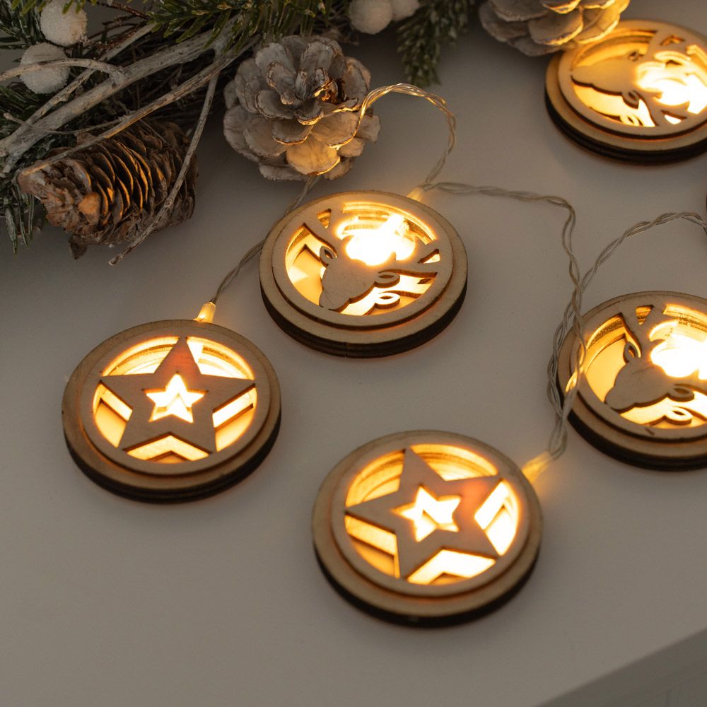 10 Light Battery Operated LED Star & Reindeer Wooden Disk String Lights