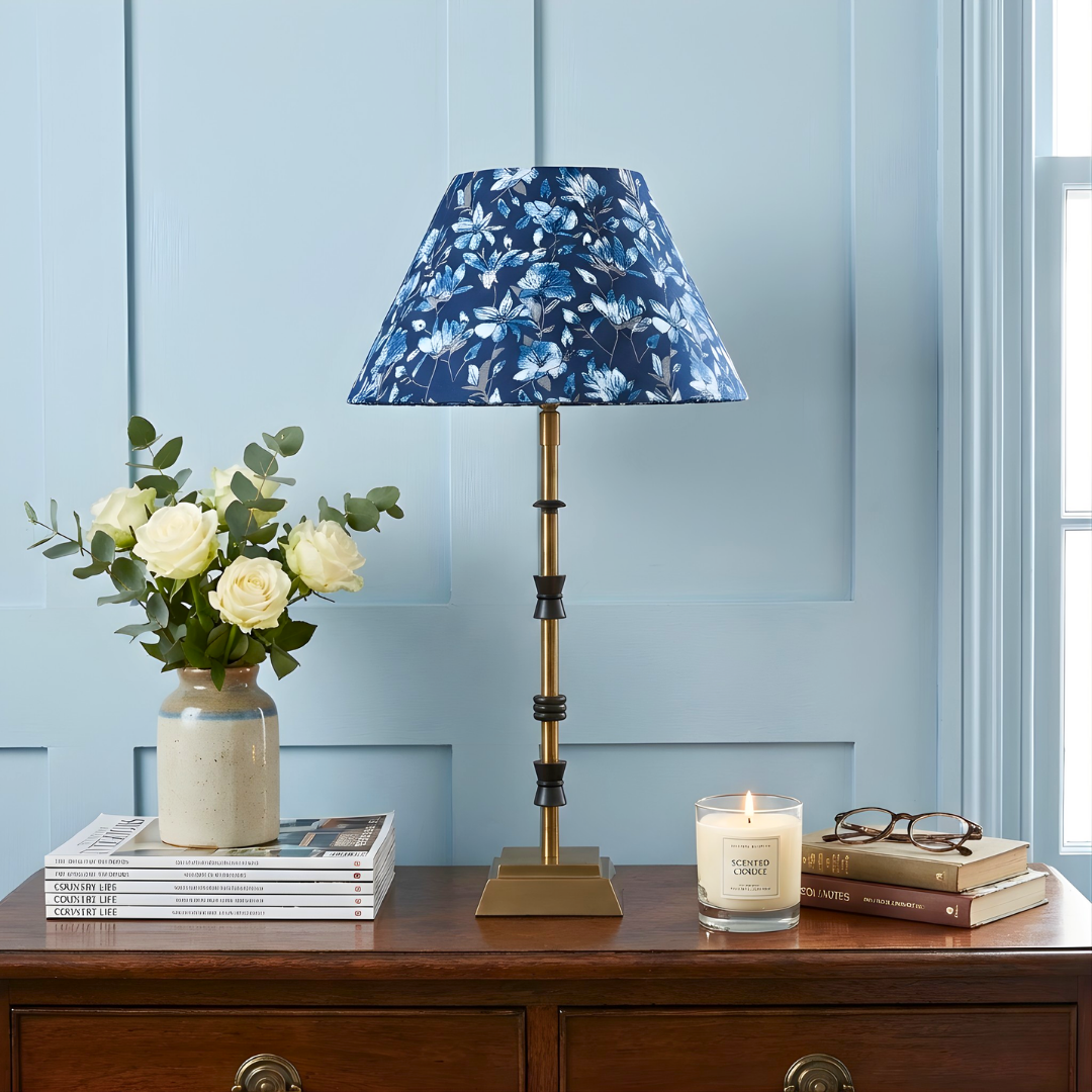 AARTIN Lily Metal Table Lamp With Indigo Blooms Lampshade