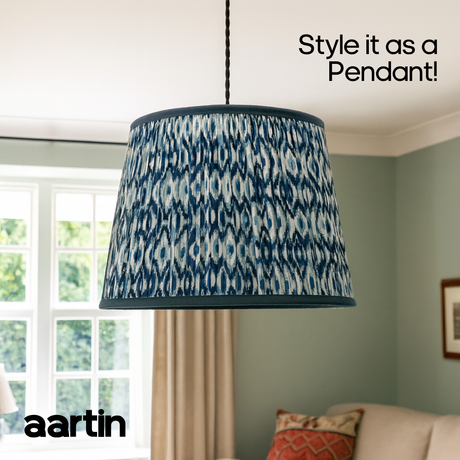 AARTIN 45 CM BLUE & WHITE IKAT STRAIGHT EMPIRE GATHERED LAMPSHADE IN COTTON