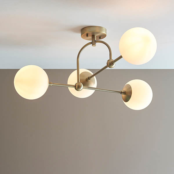 Amur 4Lt Semi-flush Ceiling Light Matt Antique Brass Plate & Opal Glass