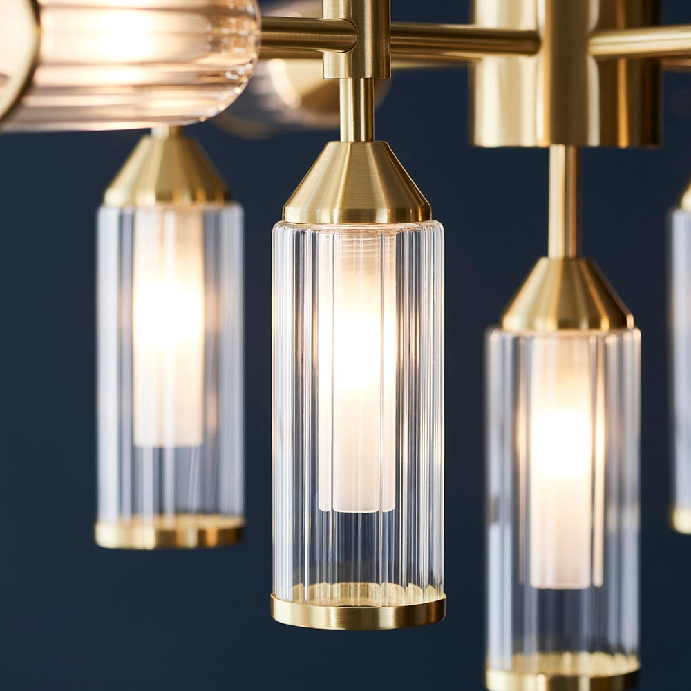 Avon 13Lt Pendant Ceiling Light Satin Brass w/ Ribbed & Frosted Glass