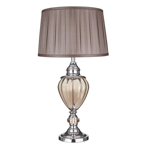 Greyson Table Lamp - Chrome, Amber Glass & Brown Shade - Comet Lighting