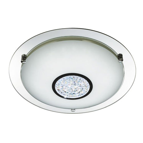 Searchlight Chrome 24 LED Flush Light With White Glass Shade & Crystal Inner Decoration