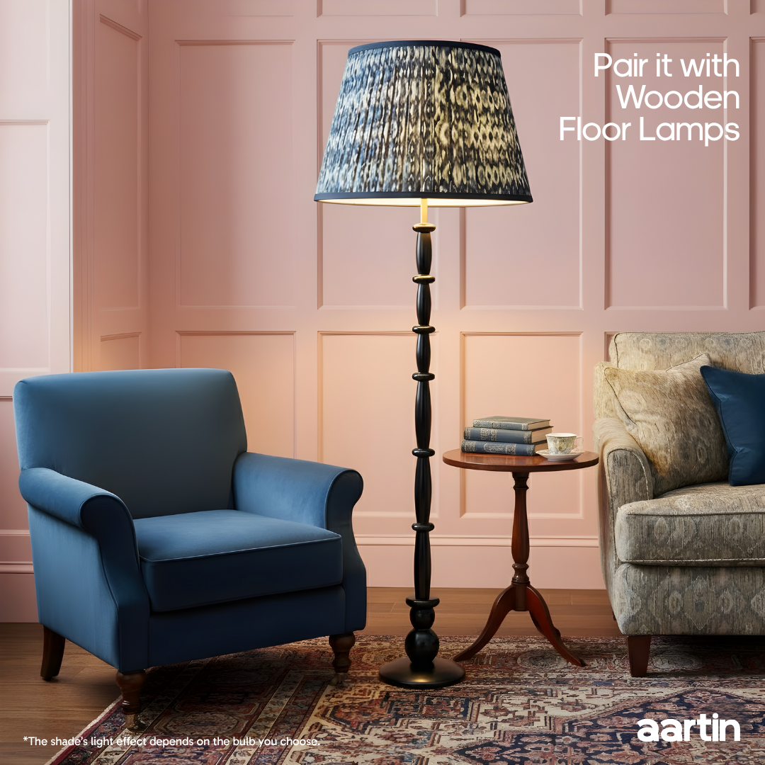 AARTIN 45 CM BLUE & WHITE IKAT STRAIGHT EMPIRE GATHERED LAMPSHADE IN COTTON