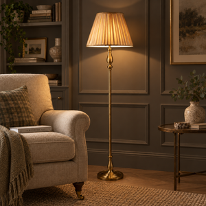 Flemish Floor Lamp- Antique Brass Metal & Grey Pleated Shade