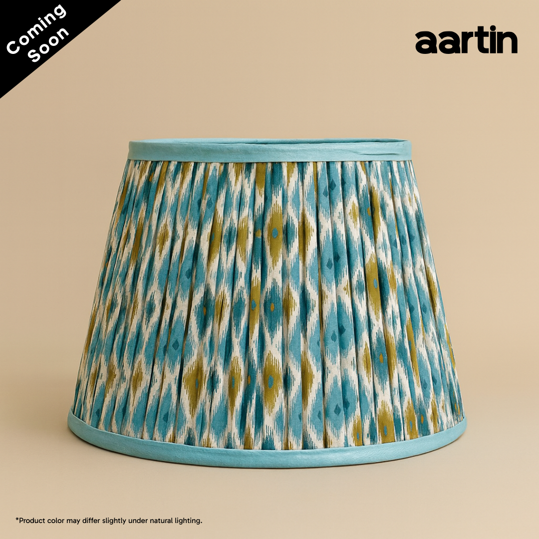 AARTIN 35 CM BLUE & GREEN IKAT STRAIGHT EMPIRE GATHERED LAMPSHADE IN COTTON