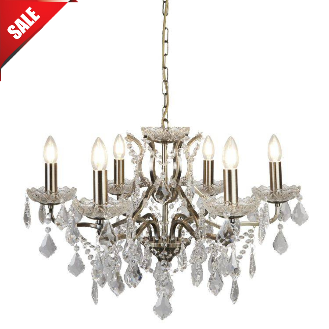 Searchlight 6 Light Chandelier Crystal Drops Trim Brass