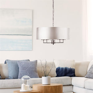 Georgeham 5Lt Pendant Ceiling Light Satin Silver w/ Silver Faux Silk Shade - Comet Lighting