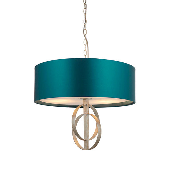Lena 3Lt Pendant Ceiling Light Antique Silver Leaf & Teal Satin Fabric