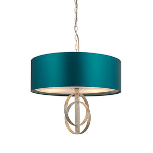 Lena 3Lt Pendant Ceiling Light Antique Silver Leaf & Teal Satin Fabric