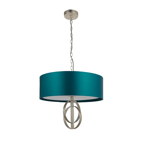 Lena 3Lt Pendant Ceiling Light Antique Silver Leaf & Teal Satin Fabric