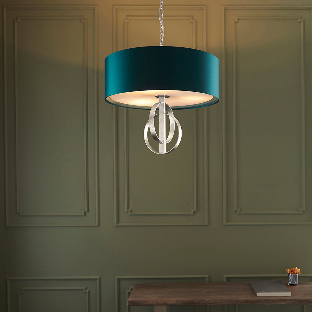 Lena 3Lt Pendant Ceiling Light Antique Silver Leaf & Teal Satin Fabric