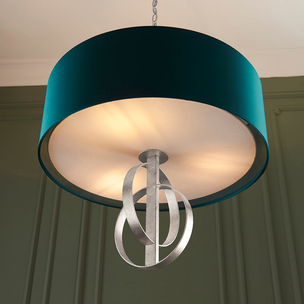 Lena 3Lt Pendant Ceiling Light Antique Silver Leaf & Teal Satin Fabric