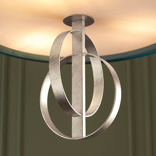 Lena 3Lt Pendant Ceiling Light Antique Silver Leaf & Teal Satin Fabric