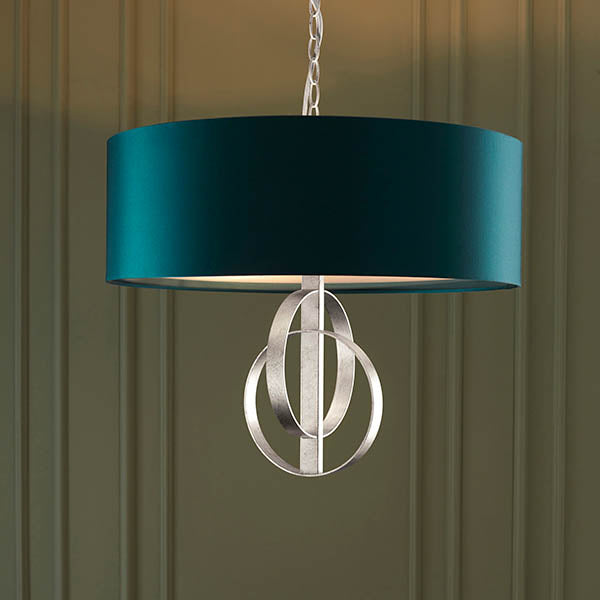 Lena 3Lt Pendant Ceiling Light Antique Silver Leaf & Teal Satin Fabric