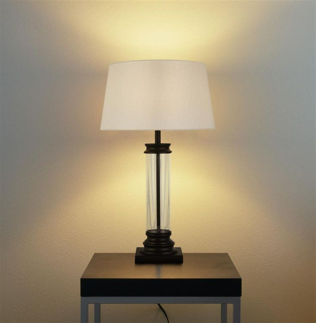 Searchlight Pedestal Table Lamp - Black Metal, Glass & Fabric Shade