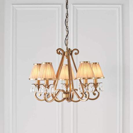 Oksana Antique Brass 5-Light Pendant & Beige Shades - Comet Lighting