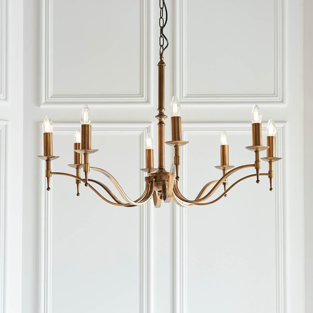 Stanford Antique Brass 8-Light Pendant & Beige Shades