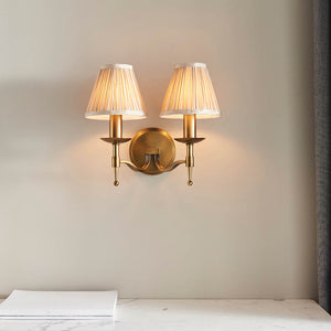 Stanford Antique Brass Twin Wall Light & Beige Shades - Comet Lighting
