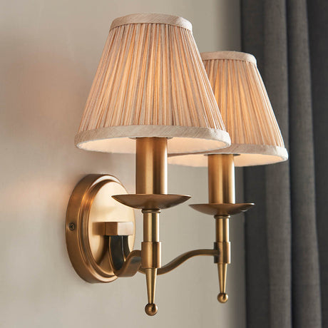 Stanford Antique Brass Twin Wall Light & Beige Shades