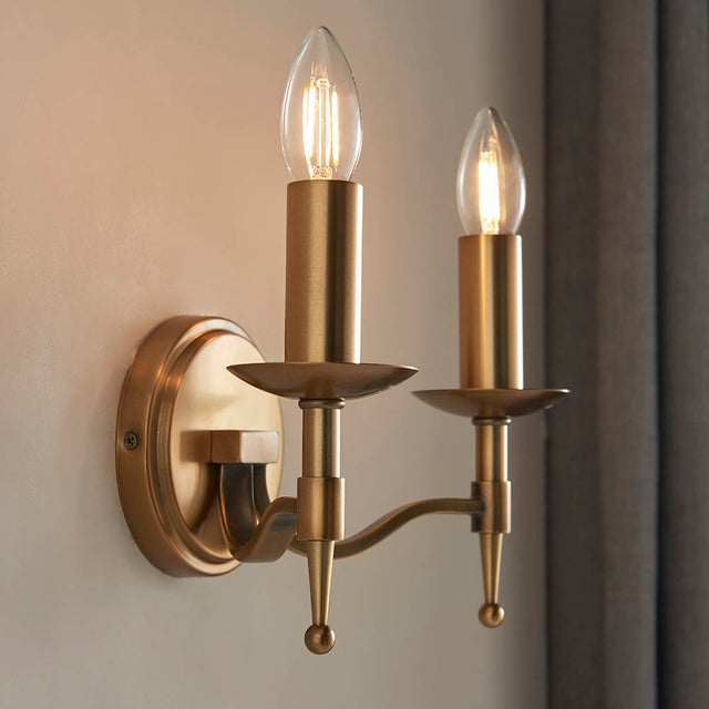 Stanford Antique Brass Twin Wall Light & Beige Shades