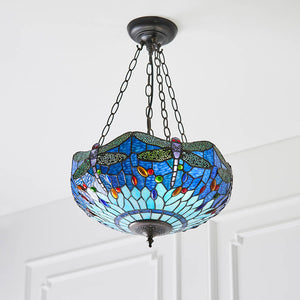 Dragonfly Blue Medium Inverted 3-Light Pendant Ceiling Light - Comet Lighting