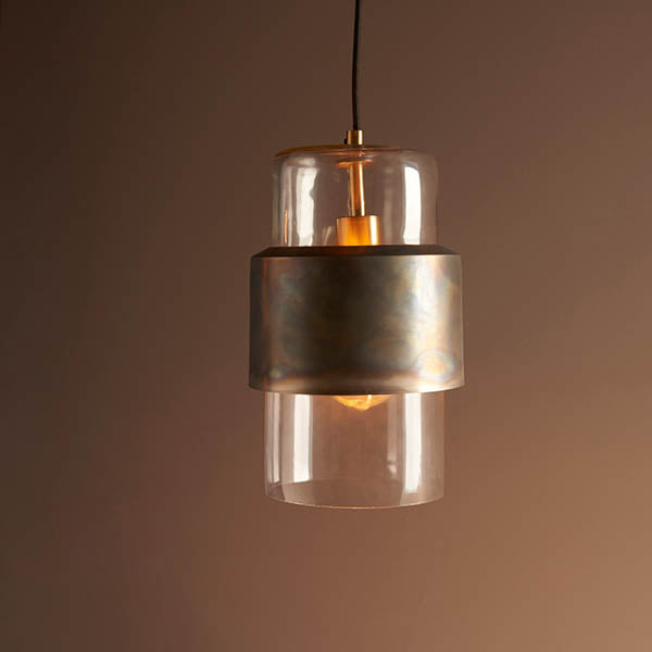 Arun Pendant Ceiling Light Bronze Patina Plate & Clear Glass