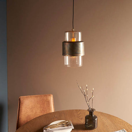 Arun Pendant Ceiling Light Bronze Patina Plate & Clear Glass