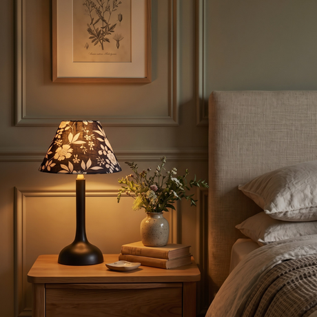 Penny Wood Table Lamp With Midnight Blossom Cotton Lampshade