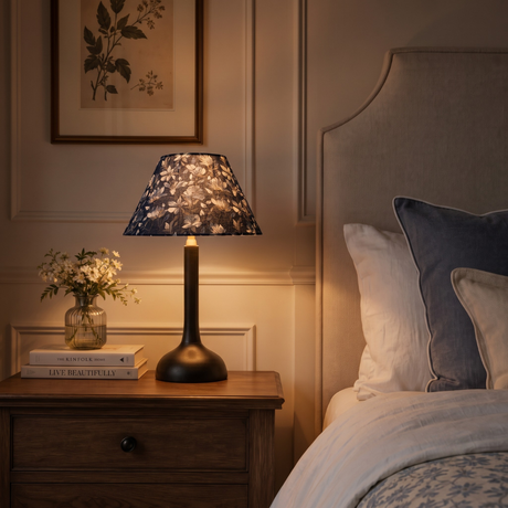 Penny Wood Table Lamp With Indigo Blooms Cotton Lampshade