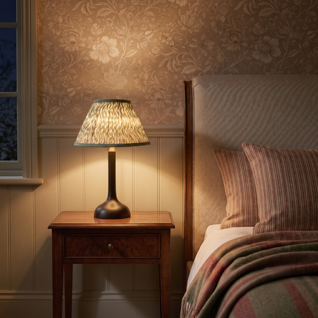 Penny Wood Table Lamp With Green & White Ikat Cotton Lampshade