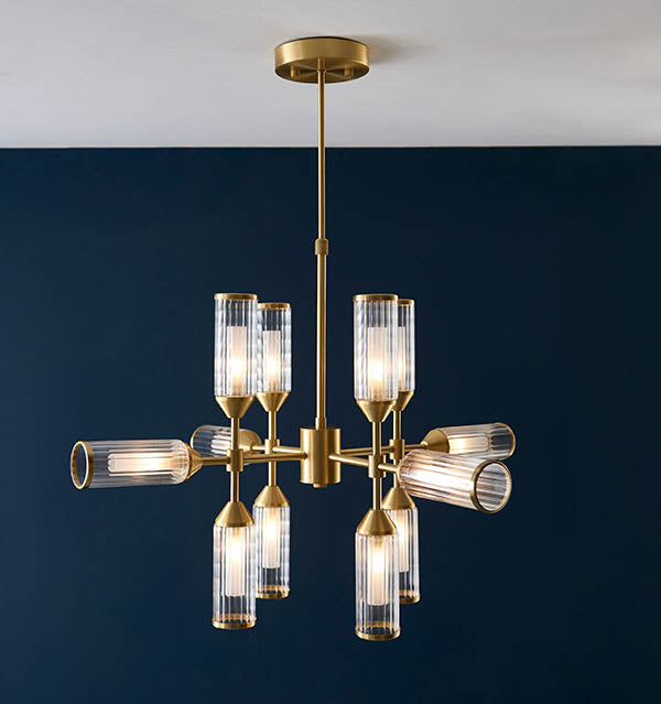 Avon 12Lt Pendant Ceiling Light Satin Brass Plate With Clear & Frosted Glass