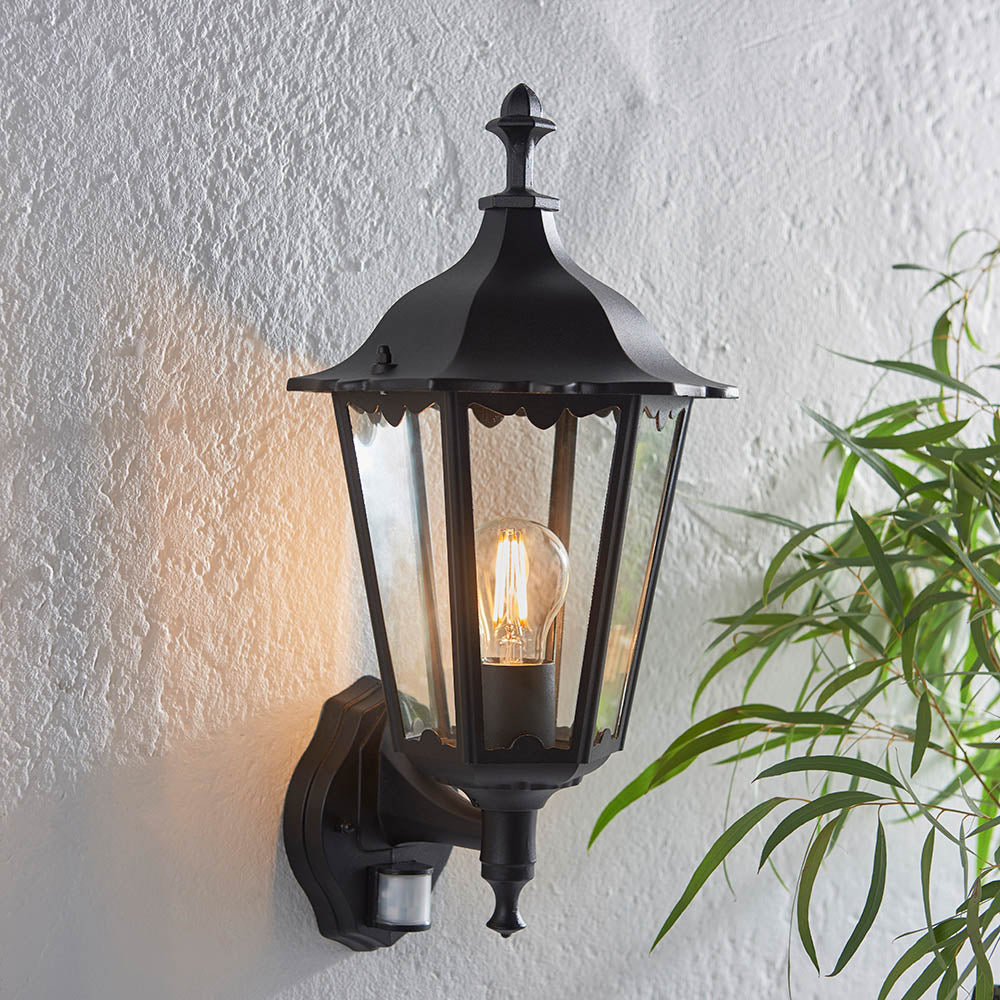 Burford 1-Light Outdoor Wall Lantern & PIR Black - Comet Lighting