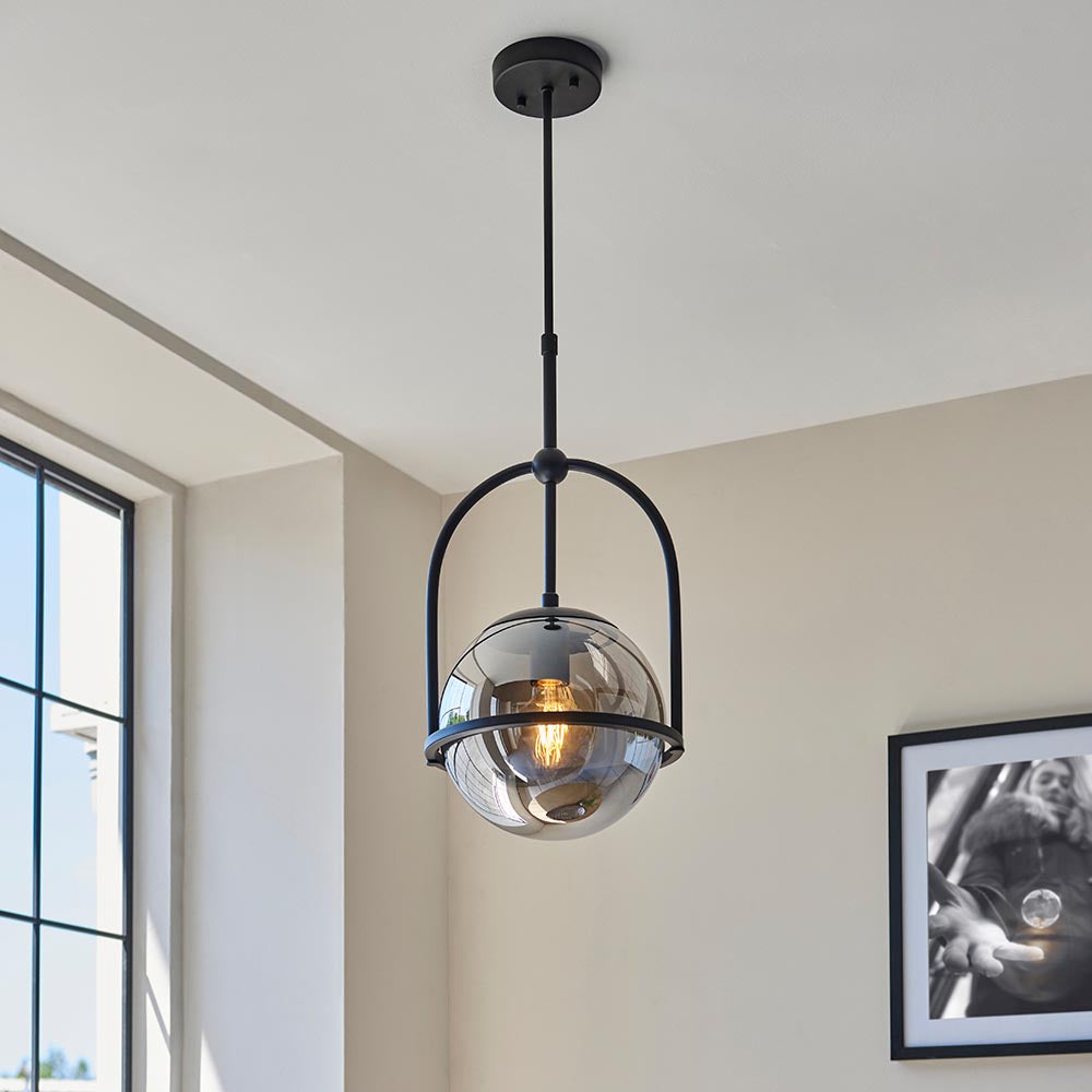 Yonne Pendant Ceiling Light Matt Black w/ Grey Tinted Glass